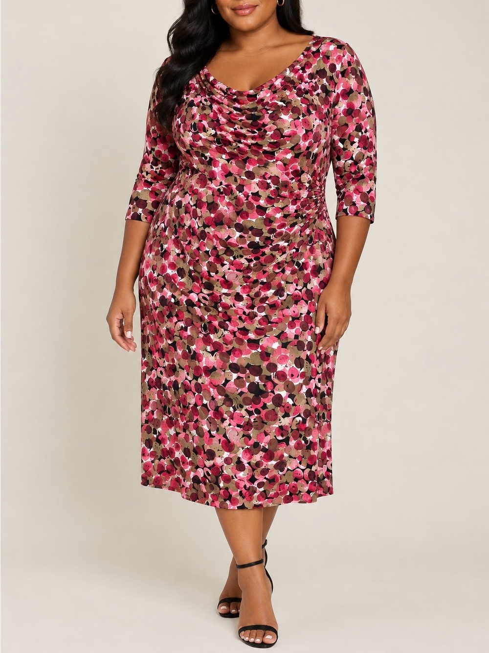Connected apparel Pink and Brown Floral Dot Midi Dress